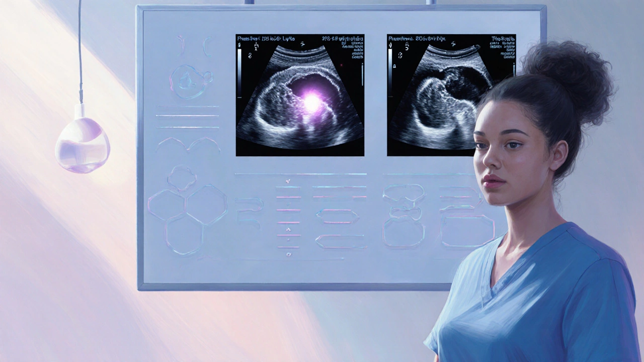 Žena s ultrazvukovými obrázky cyst, jedna se rozpouští, druhá je nepravidelná, jemné osvětlení.