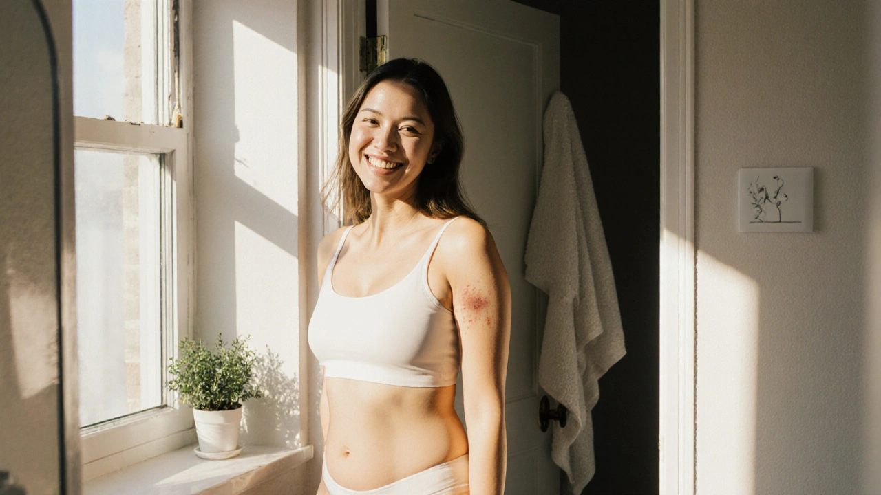 Žena s viditelnou jizvou po porodu stojí před zrcadlem s úsměvem, symbolizující přijetí svého těla.