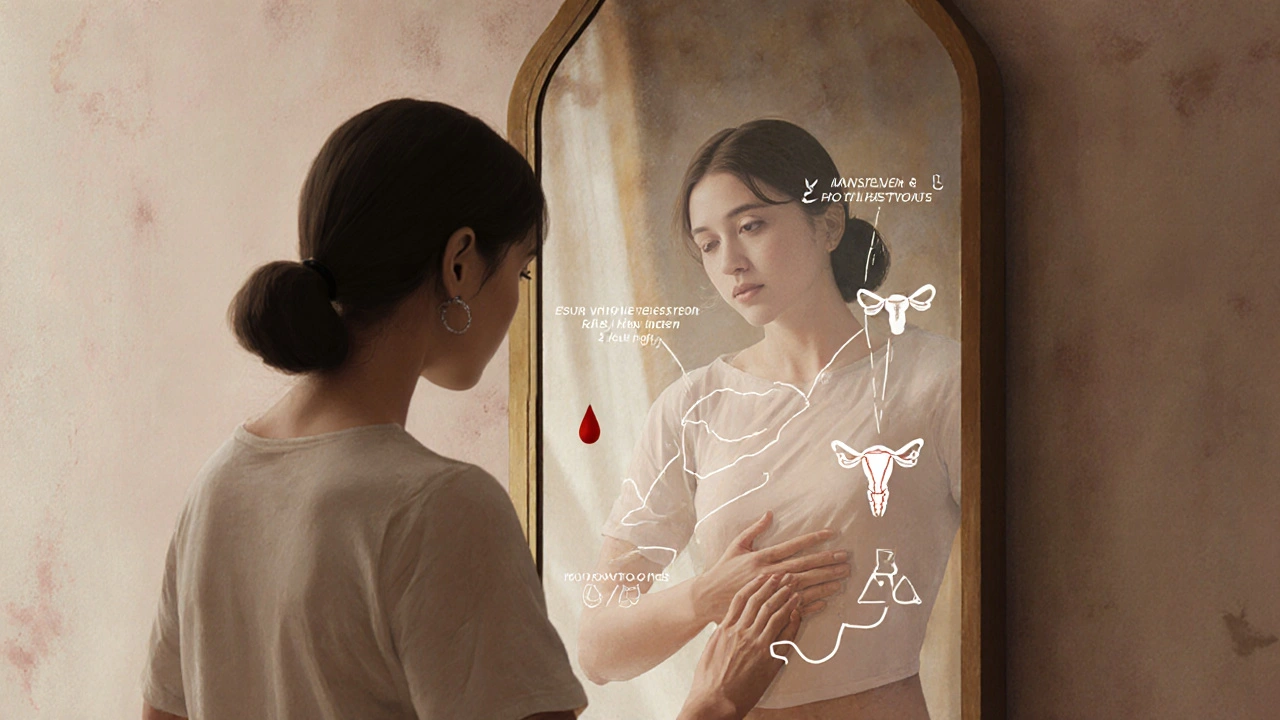 Žena se dívá do zrcadla, přitom vidí přechod hormonů v těle – prolaktin a hormony spojené s menstruací.