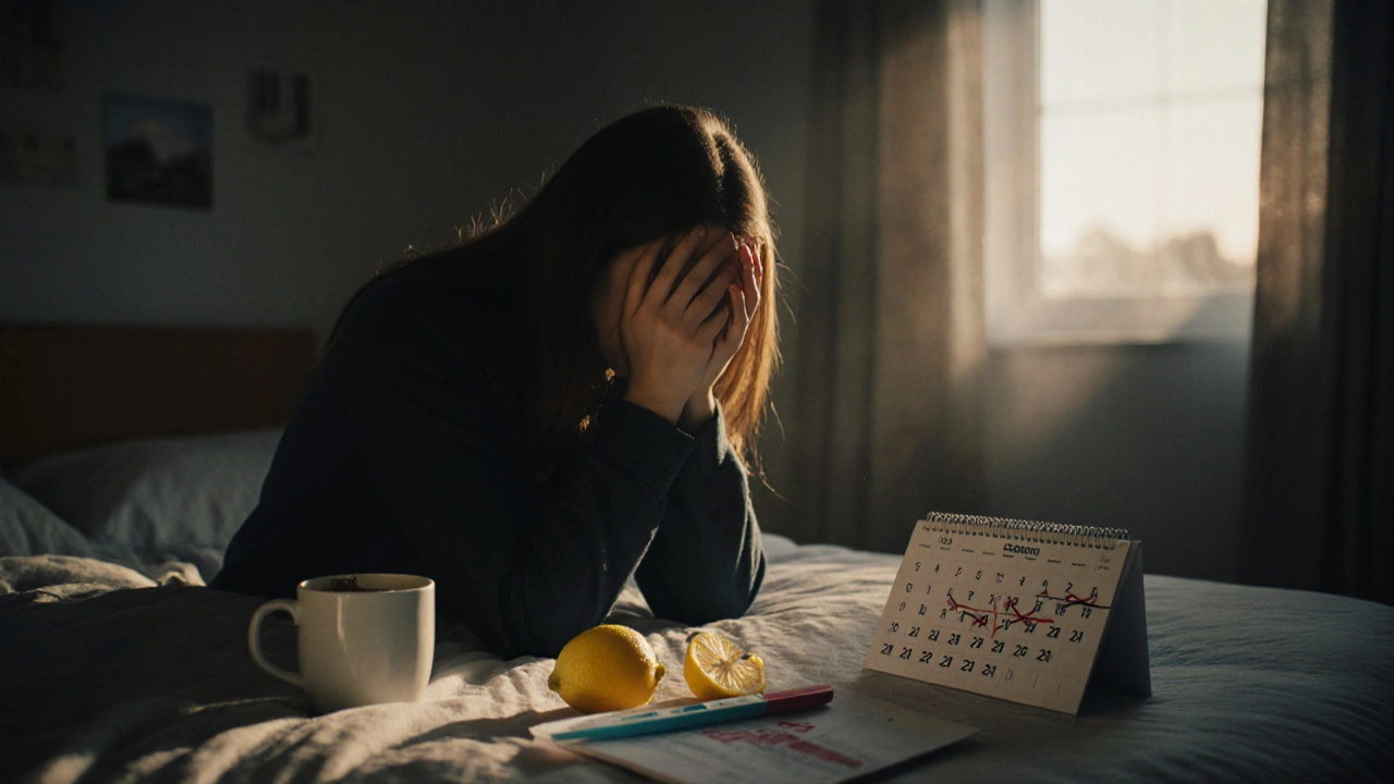 Žena sedí na posteli, zmatená a unavená, kolem ní jsou předměty související s těhotenstvím.