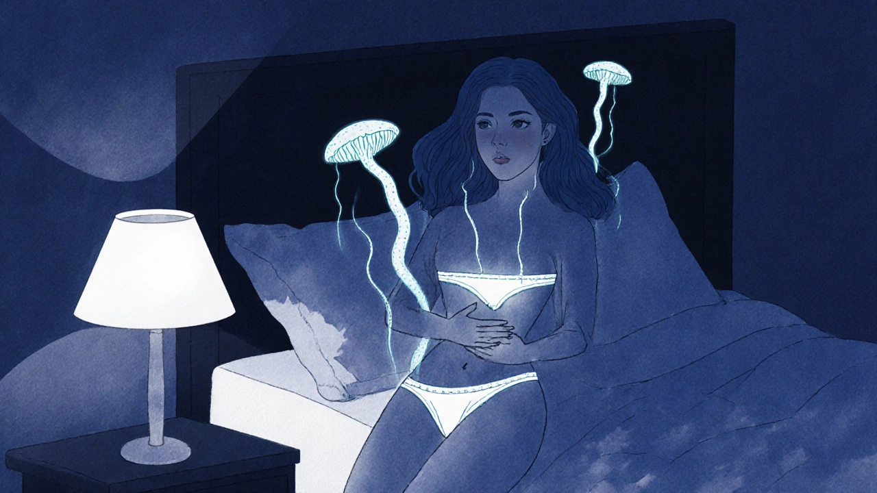 Žena v nočním šatě trpí silným svěděním, kolem ní se vynořují houbové nitky.