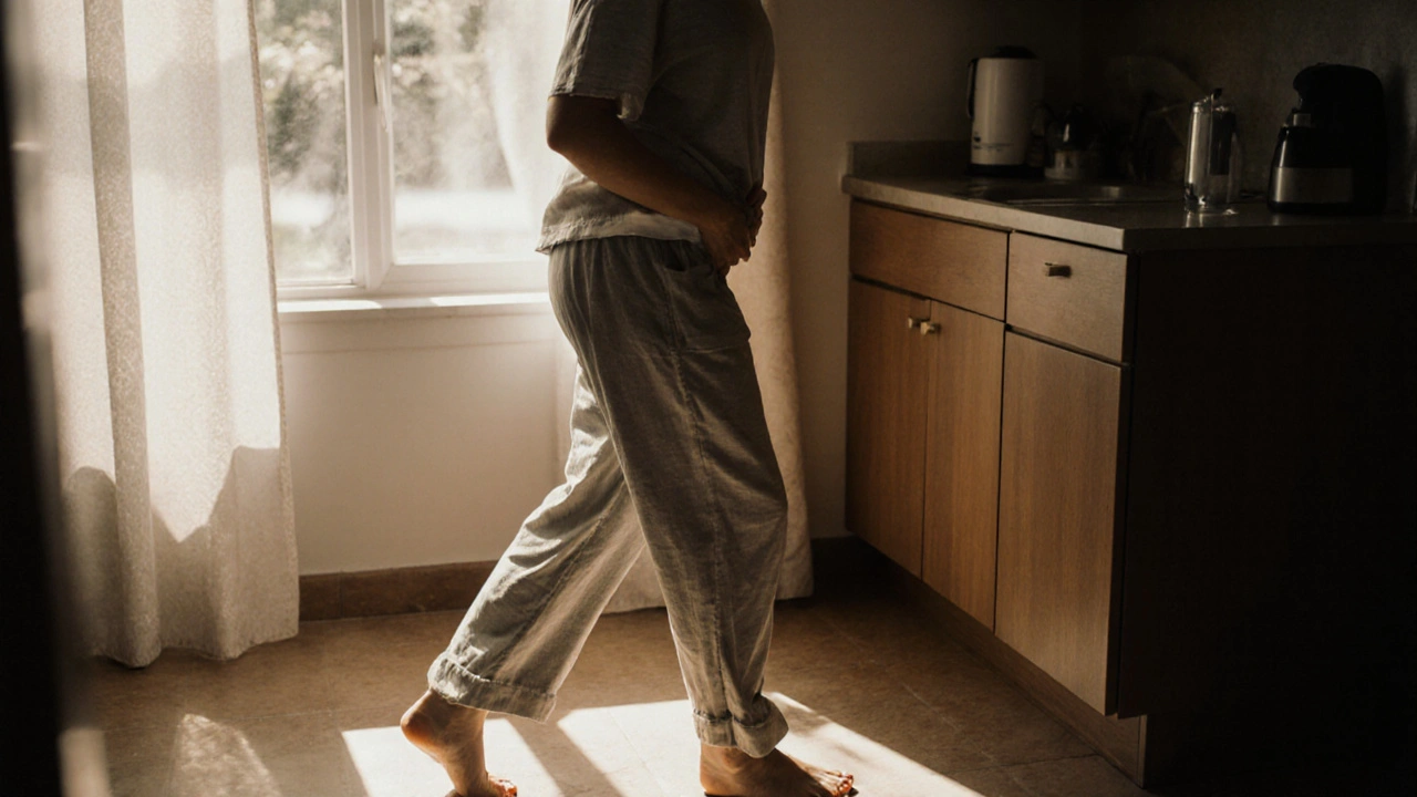 Žena v volném oblečení s jemnou skvrnou na spodním prádle v kuchyni.