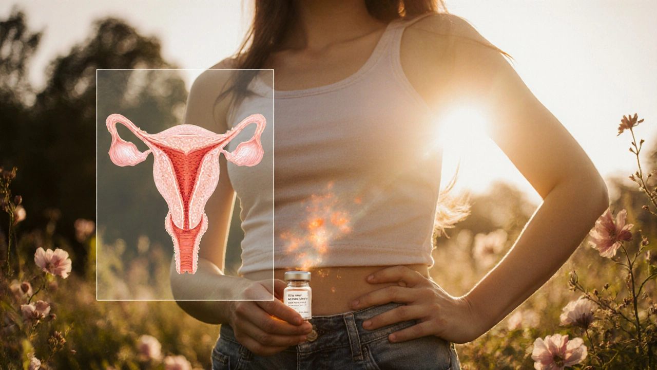 Žena ve sluneční zahradě drží očkovací lahvičku HPV, za ní se rozptyluje nádorový tvar.