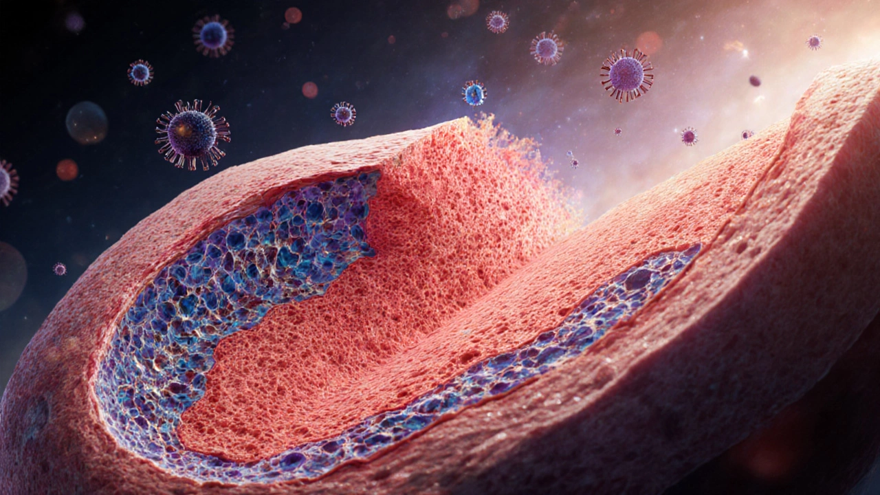 Zvětšený pohled na přednádorové změny v děložním čípku s viditelnými buňkami a viry HPV.