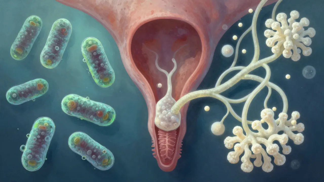 Abstraktní znázornění rovnováhy bakterií a kvasinek v pochvě s převahou bílých kvasinek.