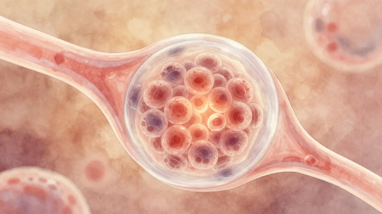 Blastocysta plující vaječníkem, složená z tisíců buněk.