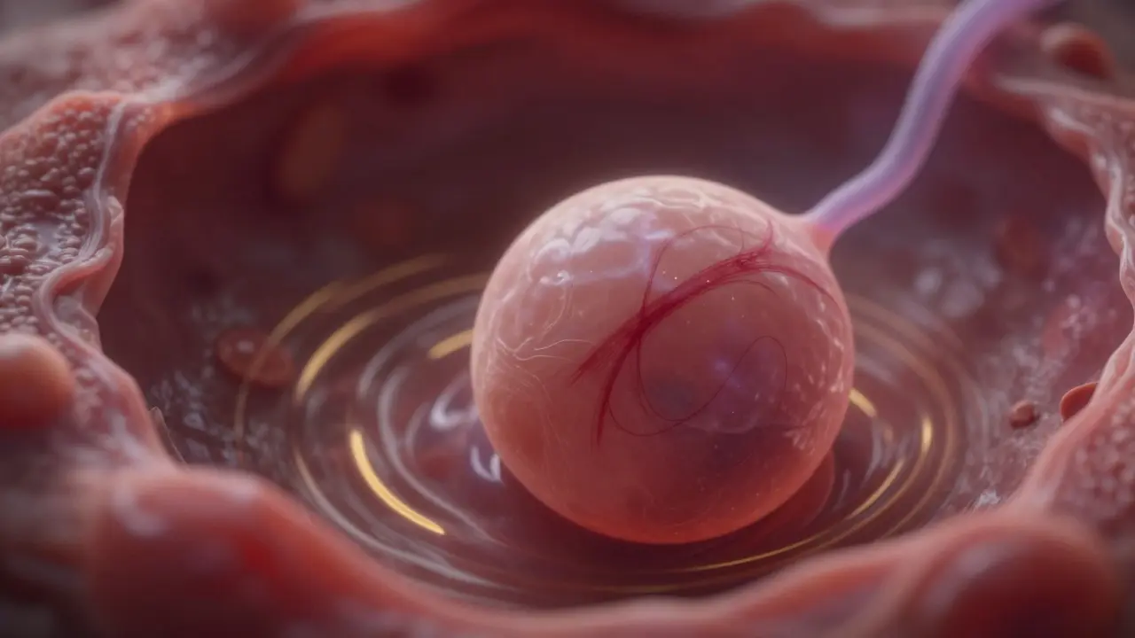 Blastocysta se přichytává k děložní stěně s jemným krvácením.