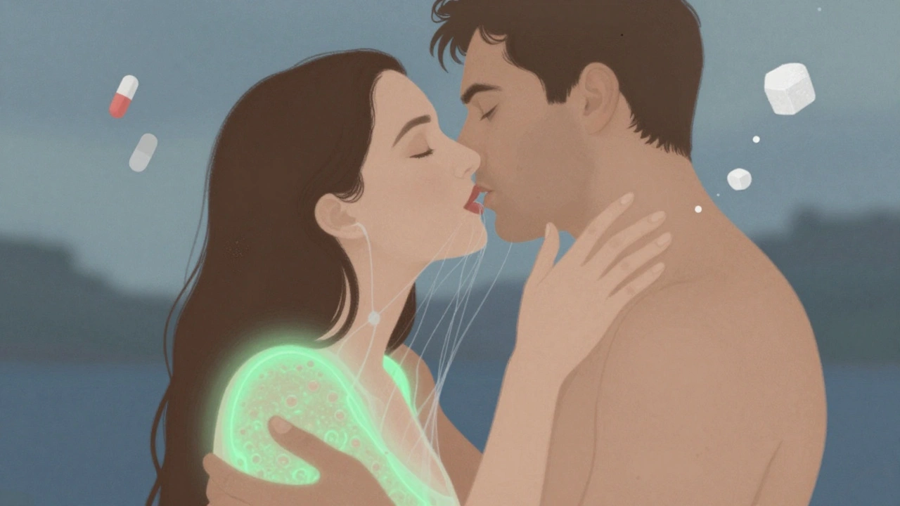 Dvojice v náklonném držení, jemné houbové vlákna mezi nimi, ale tělo ženy je chráněno mikroflórou.