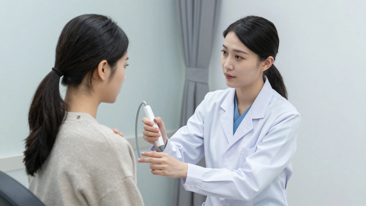 Gynekoložka klidně vysvětluje postup pacientce na vyšetřovacím gauči.