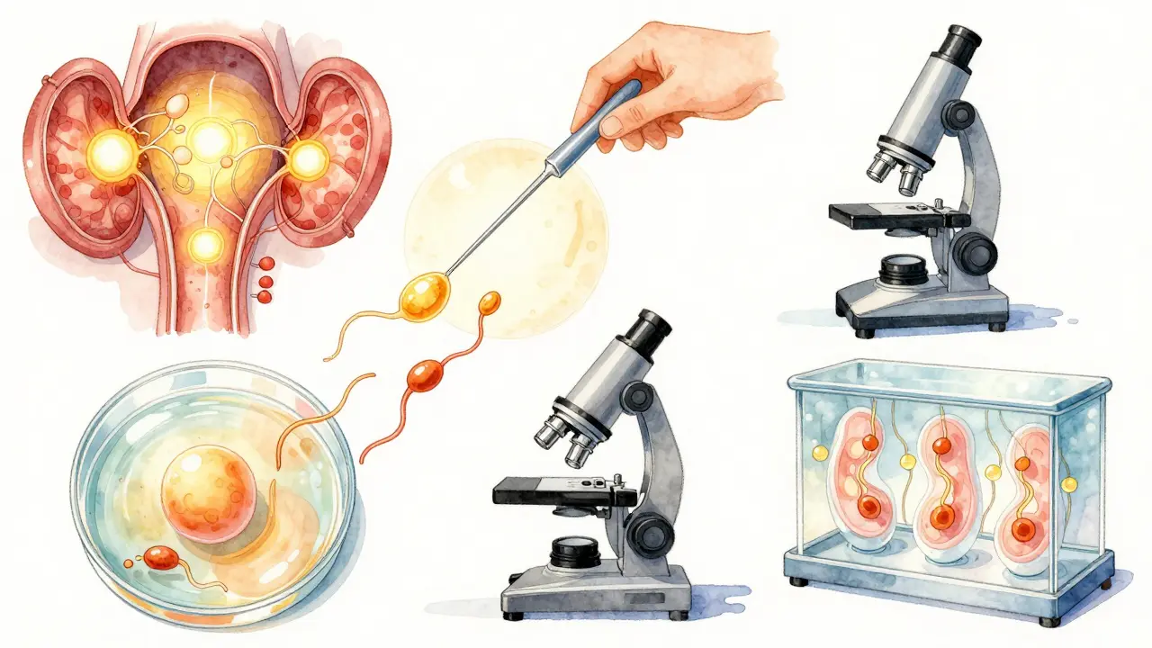 Ilustrace kroku IVF: vajíčka, spermie a embrya v laboratorních podmínkách.