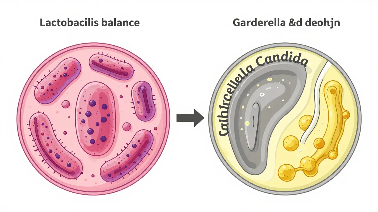 Ilustrace rovnováhy mikroflóry pochvy a faktorů, které ji narušují.