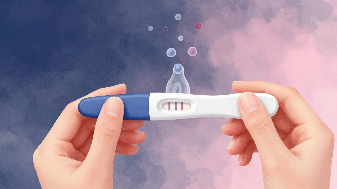 Ilustrace ruky držící těhotenský test s přehledem hormonů hCG, které vytvářejí slabou čáru.