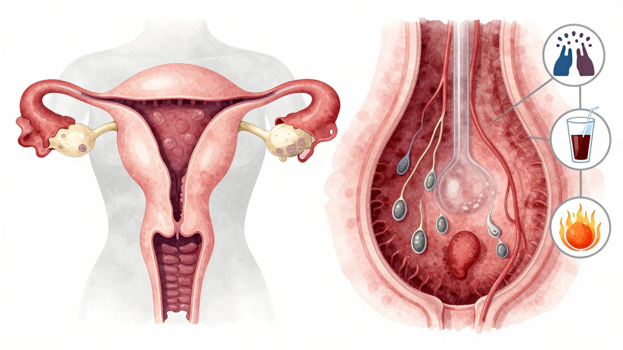 Ilustrace ženských a mužských reprodukčních systémů s patologickými změnami a faktory ovlivňujícími plodnost.