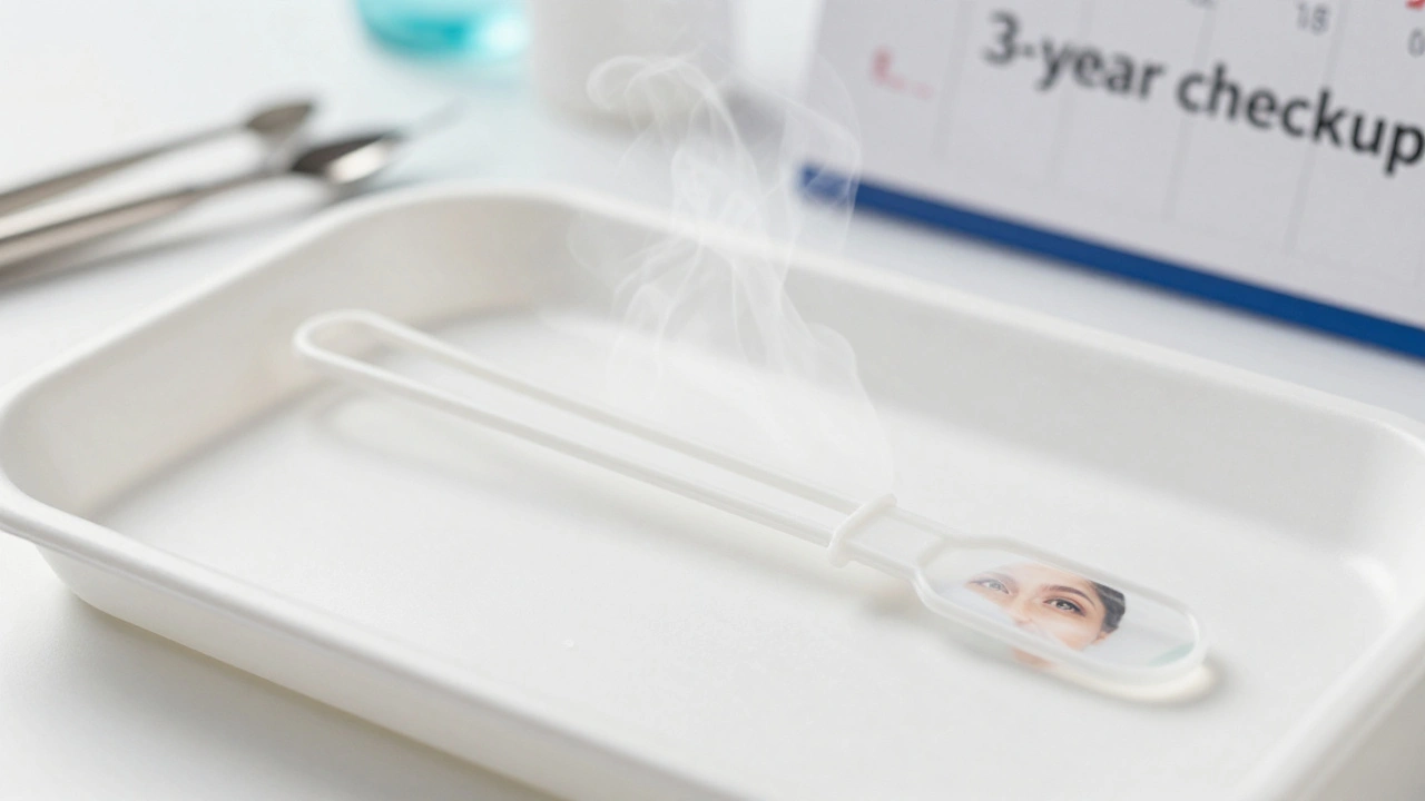 Jednorázové plastové gynekologické zrcadlo na sterilním podložce, na povrchu se odráží oči pacientky.