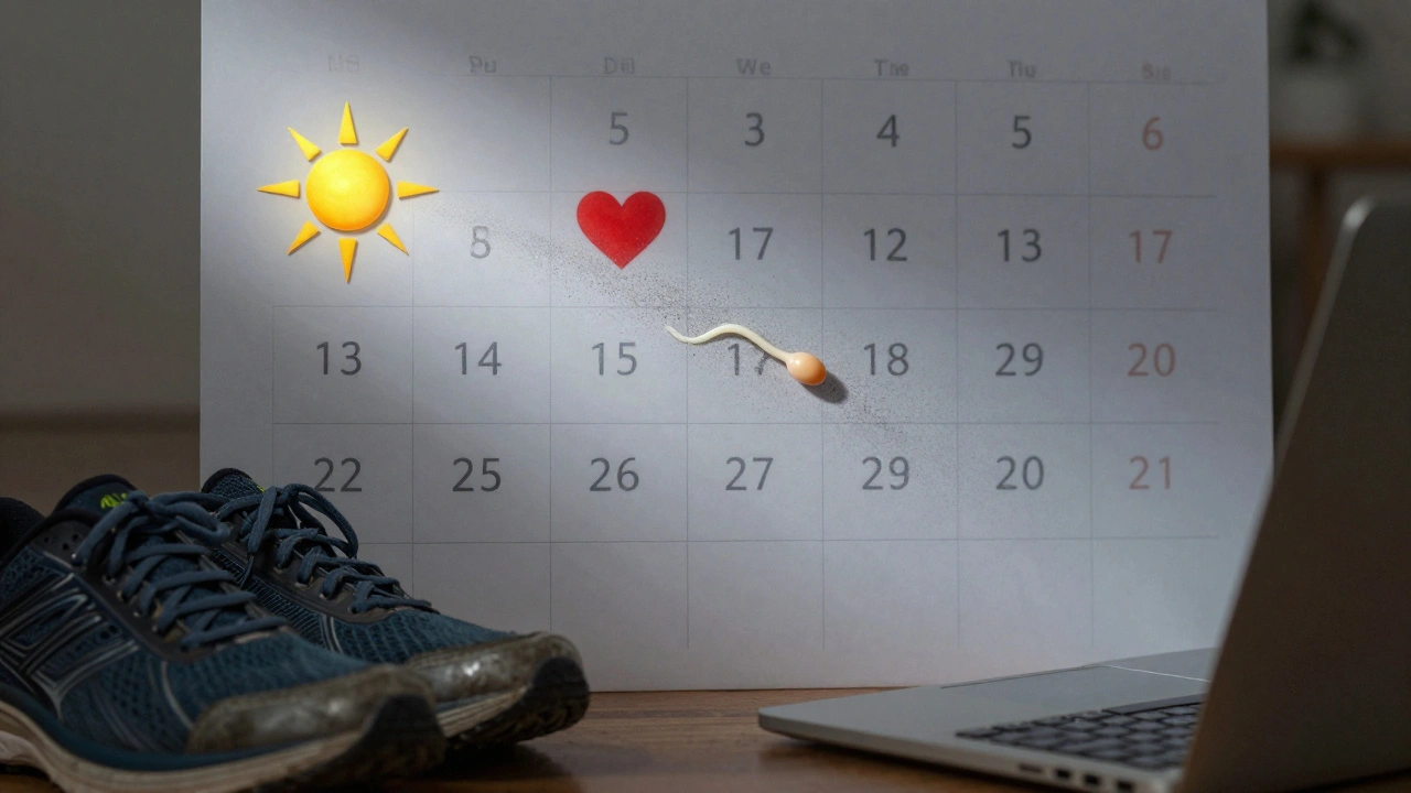 Kalendář s uplynulými dny a symboly plodnosti, které se mění v prach, s laptopem na kolenou a běžeckými botami.