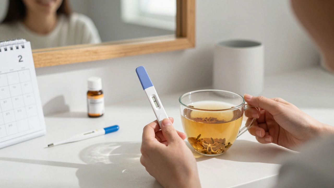 Kladný těhotenský test na koupelnové lavici s vitamínem B9 a teploměrem.