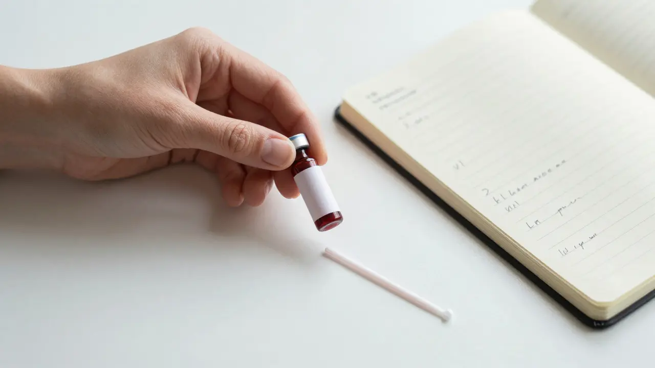 Krevní vzorek a výmaz vedle poznámek o příznacích a lékách.