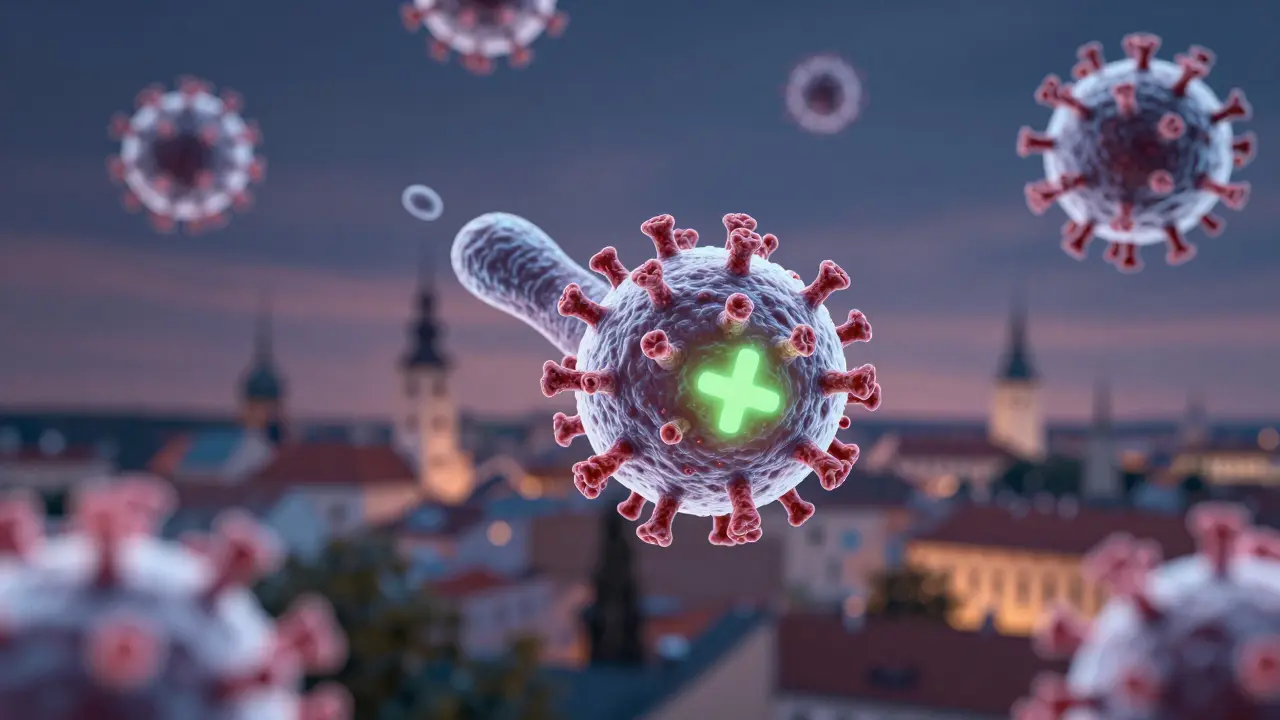 Mikroskopický pohled na buňky děložního čípku s přítomností viru HPV, jedna buňka září zdravím.