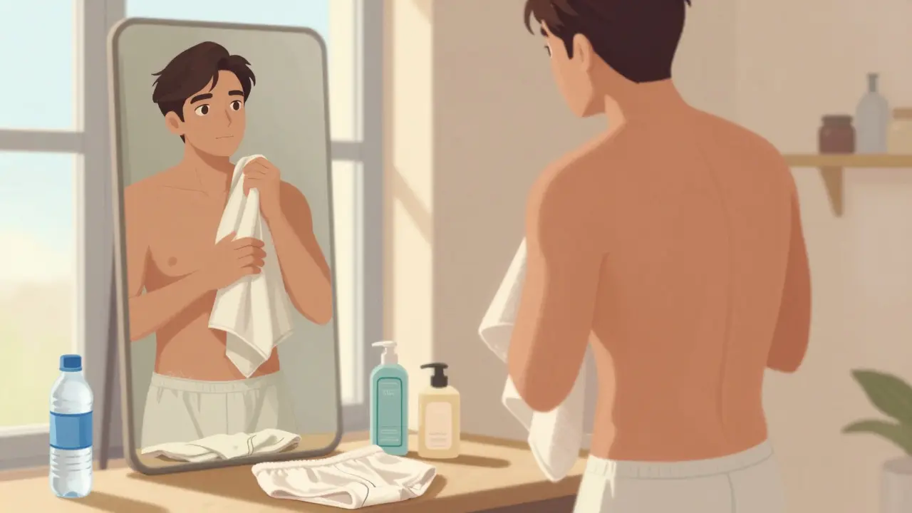 Muž v volných bavlněných spodních kalhotách se dívá do zrcadla s ručníkem a jemným mýdlem.