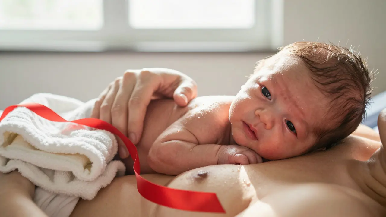 Novorozeneček je umístěn na prsou matky hned po narození, oba jsou osvětleni jemným světlem.