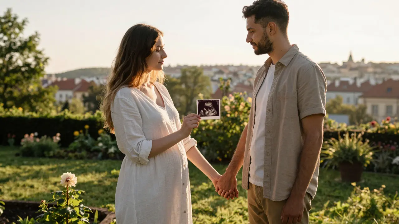 Pár drží ultrasound obrázek v zahradě na ranním světle, symbol naděje.