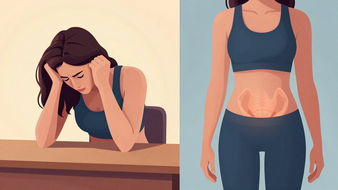 Před a po fyzioterapii: žena s napjatým tělem vs. žena s uvolněným a vyváženým postojem.