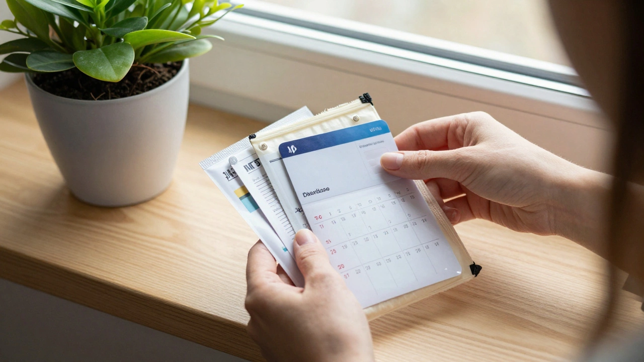Ruka drží batůžek s důležitými věcmi pro návštěvu u gynekologa.