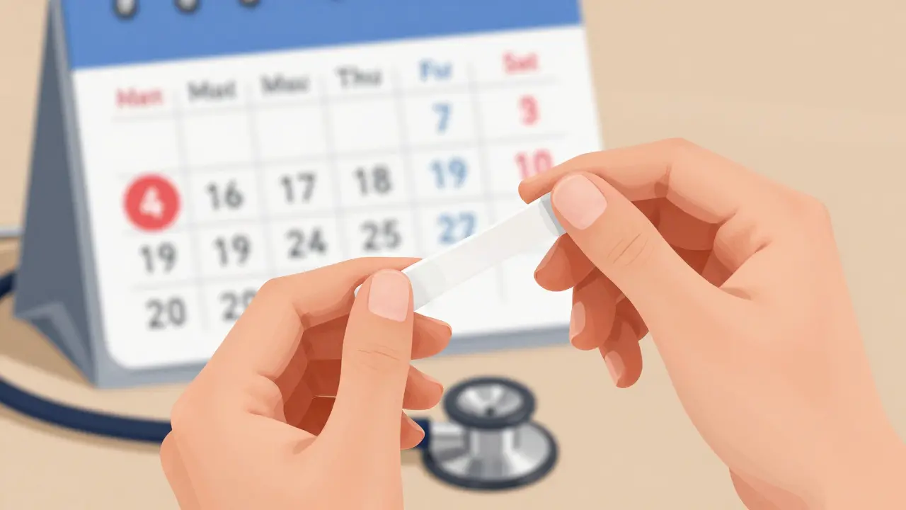 Ruka drží Pap test, vedle něj stethoskop a kalendář s označeným dnem prohlídky.
