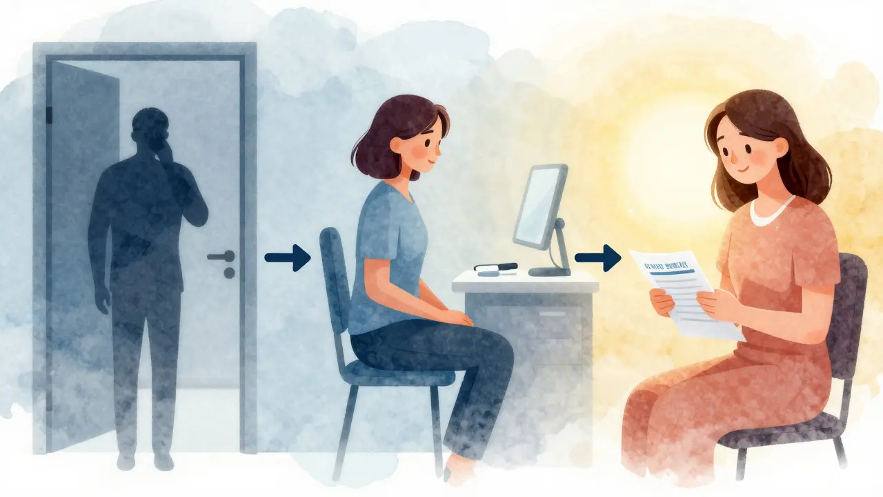 Symbolická ilustrace ženy, která překonává strach z gynekologického vyšetření a najde klid a sílu.