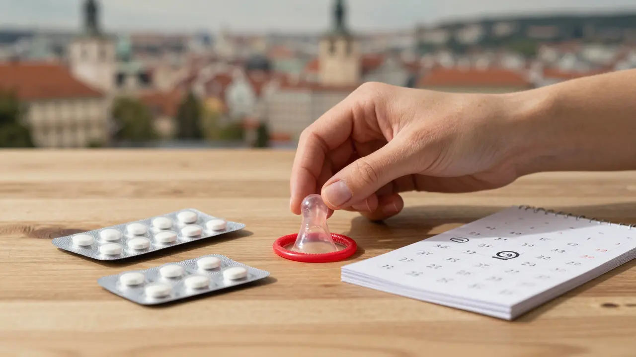 Symbolická kompozice antikoncepčních metod: kondom, pilulky a IUD.