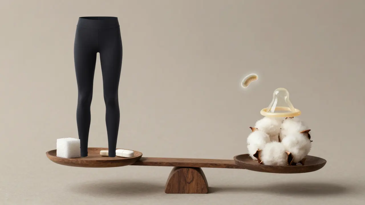 Symbolická váha s faktory, které způsobují nebo předcházejí kvasinkové infekci.