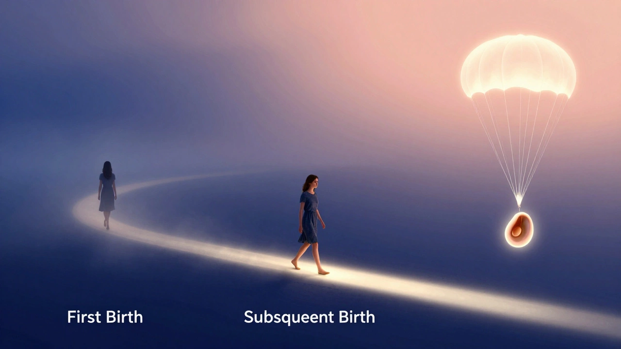 Symbolické znázornění tří fází porodu jako tří různých cest: pomalá, bouřlivá; rychlá, jasná; a odpočinek po porodu.