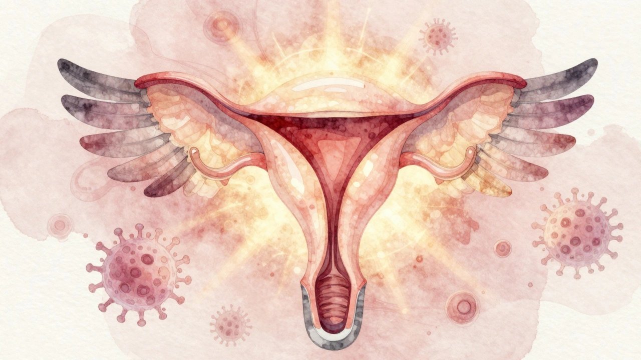 Symbolické zrcadlo jako křídla ptáka otevírající vnitřek těla, zářící světlo a zdravé tkáně.