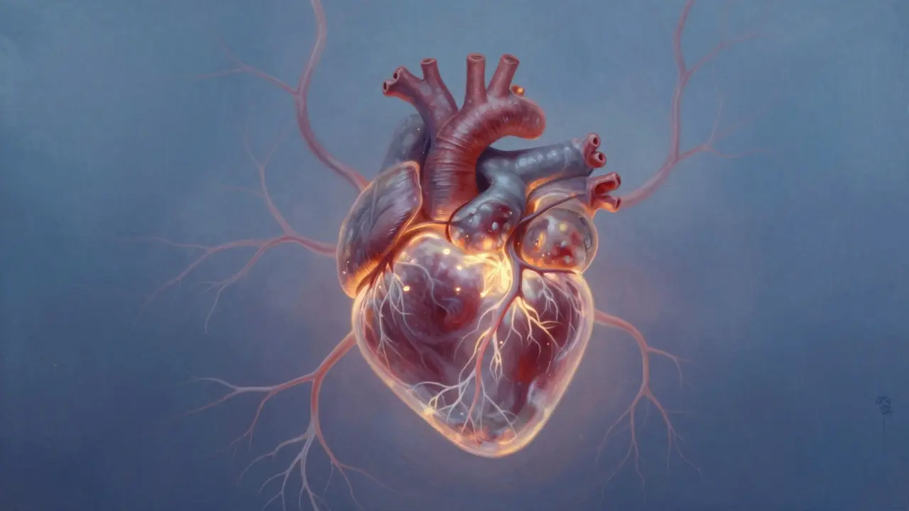 Symbolický obraz malého srdíčka v děloze s pulzujícím zlatým světlem.