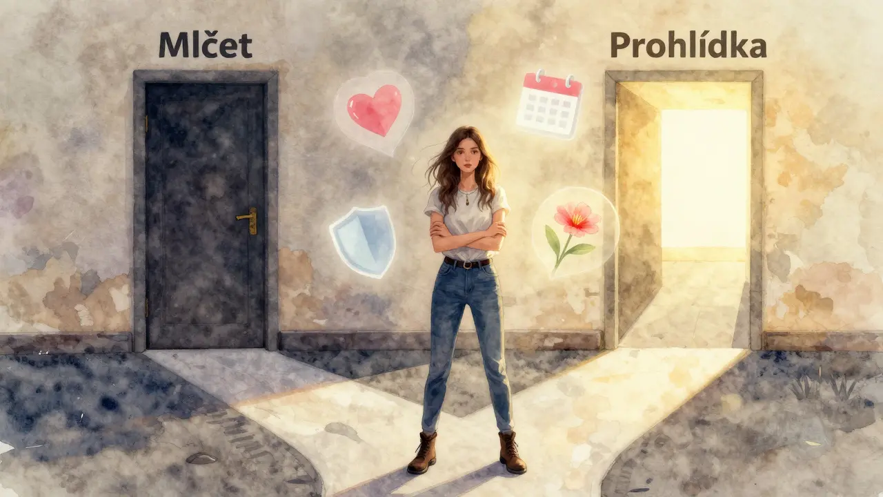 Symbolický obraz mladé ženy na rozcestí mezi mlčením a prohlídkou.