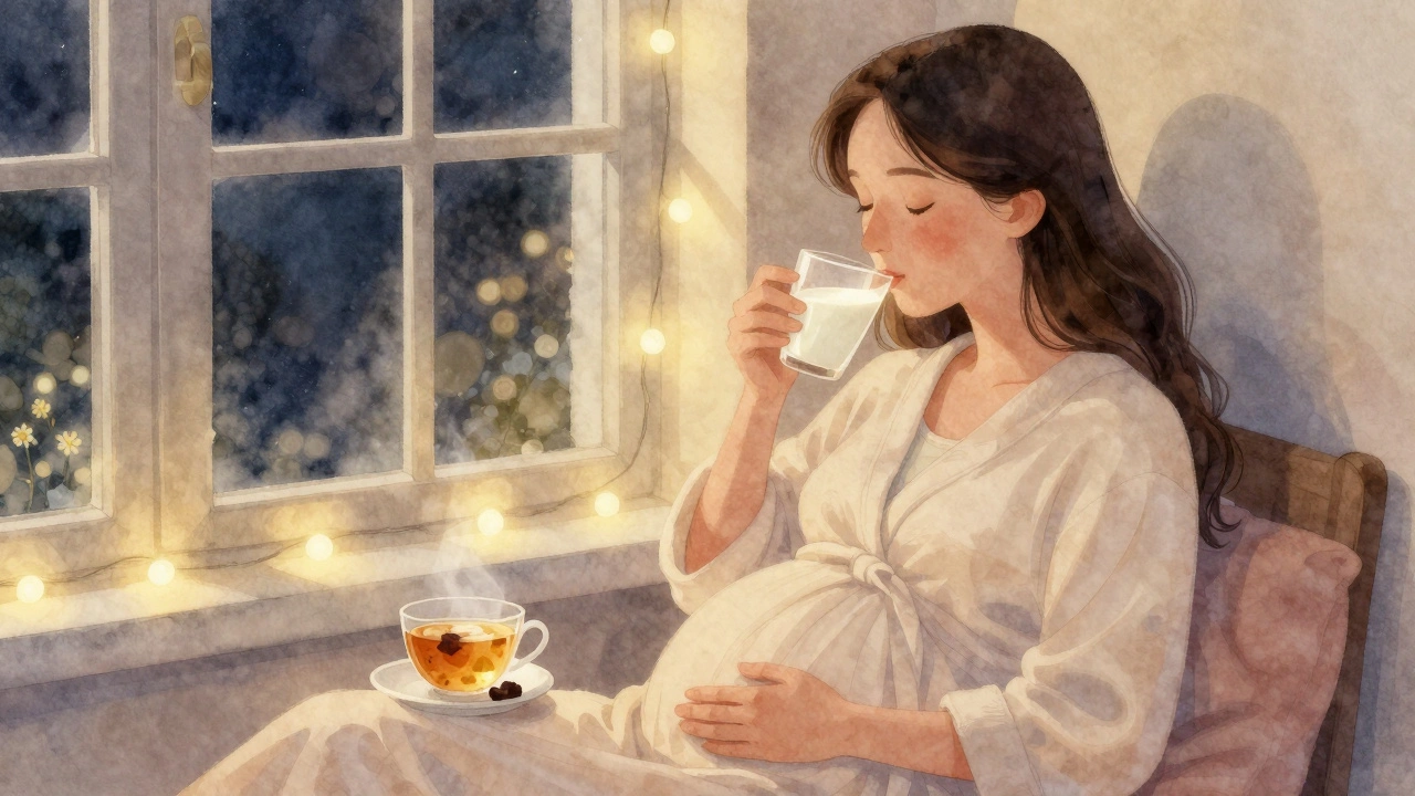 Těhotná žena pije teplé mléko s čokoládou před spaním.