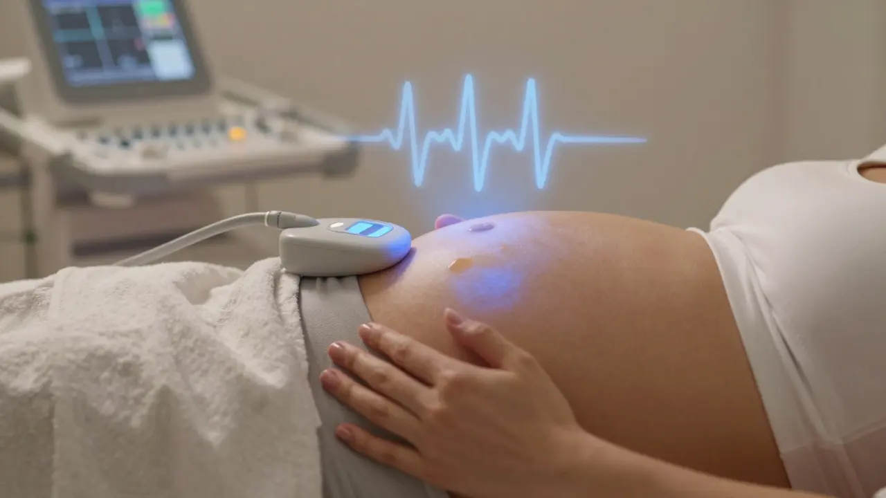 Těhotná žena s Dopplerovým zařízením, které zachycuje tepání srdíčka plodu.