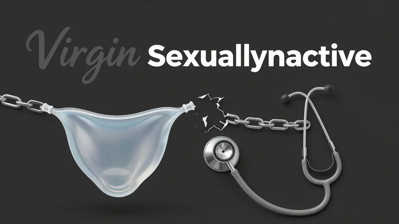 Tenká tkáň hymenu plave vedle rozbitého řetězu a stetoskopu, symbolizující medicínu proti mýtu.