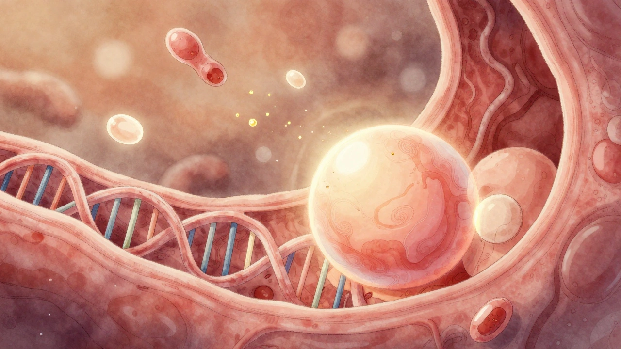 Vajíčko se připojuje k děložnímu sliznici, symbolicky znázorněno světelnými DNA vlákny.