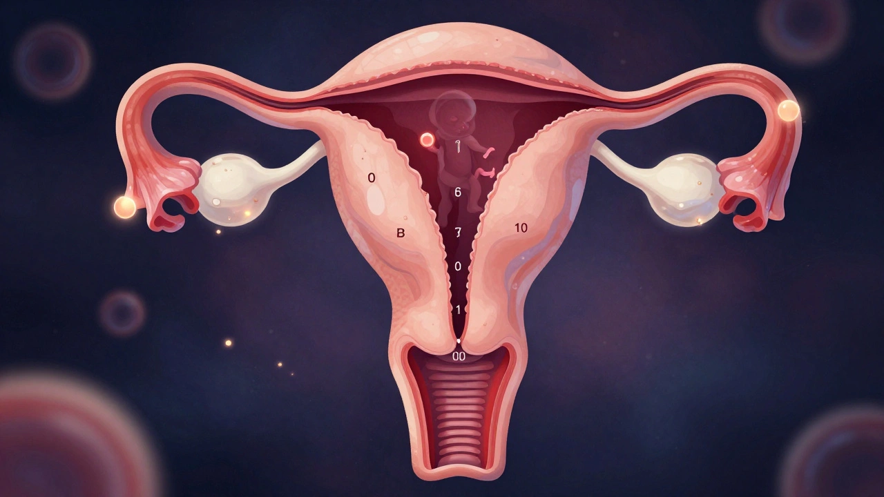 Vnitřní pohled na dělohu během rozšiřování čípku během porodu.