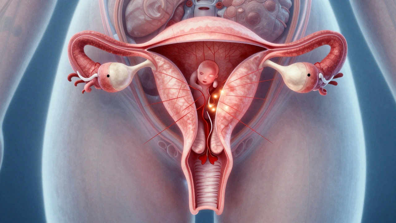 Vnitřní výřez pánve s embryem v vaječníku místo dělohy a krvácením.