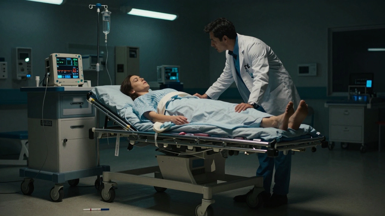 Záchranná služba přiváží ženu do nemocnice s příznaky mimoděložního těhotenství.