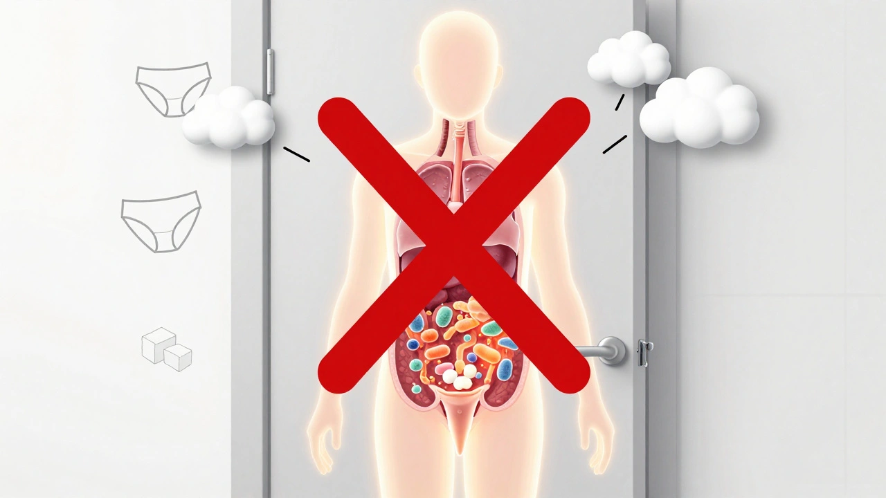 Zavřená koupelna s červeným křížem, uvnitř tělo s ochrannými bakteriemi a odstraněnými faktory stresu a cukru.