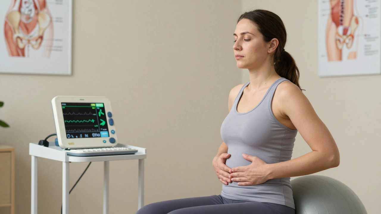 Žena dýchá do břicha na terapeutické míči, sleduje biofeedback při cvičení pánevního dna.