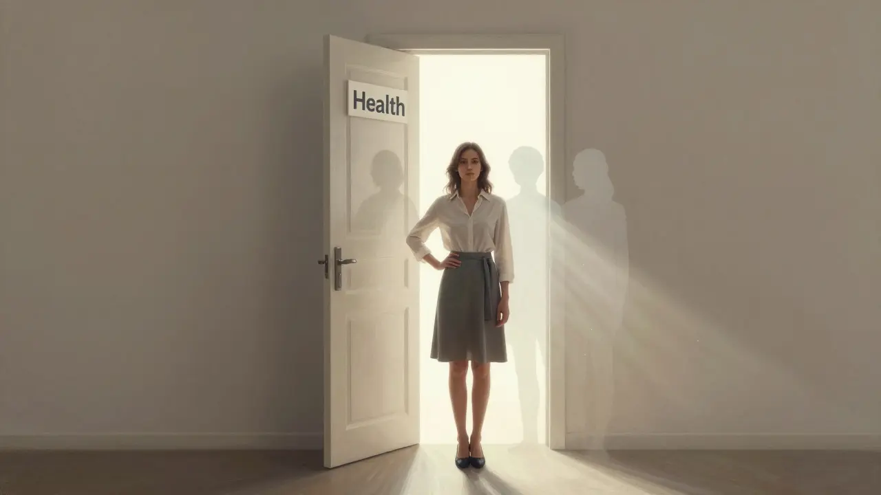 Žena krokem přes práh zdraví, strachy za ní zanikají ve světle.