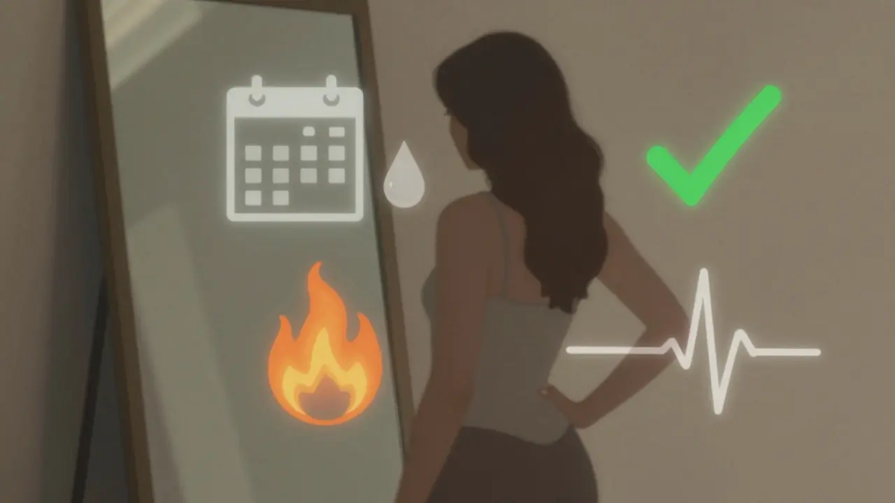 Žena před zrcadlem s symboly příznaků zdraví a vědomosti.