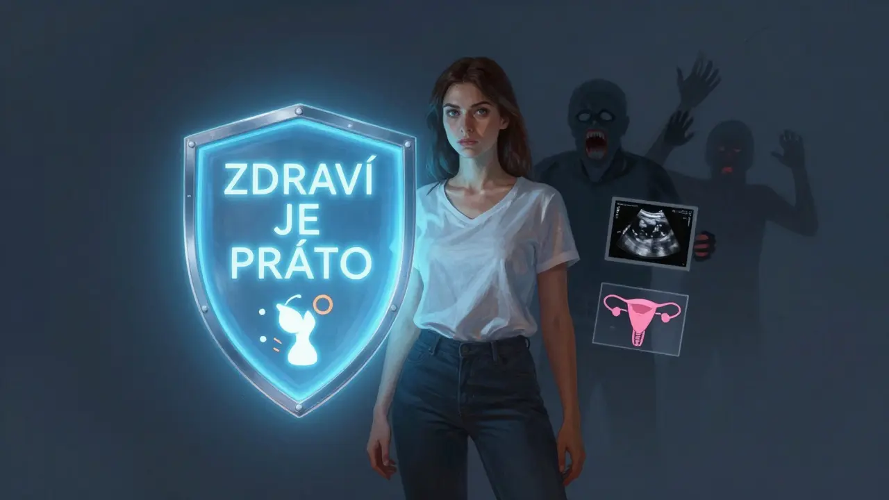 Žena stojí před štítem s nápisem 'Zdraví je právo', kolem ní ikony preventivních vyšetření.