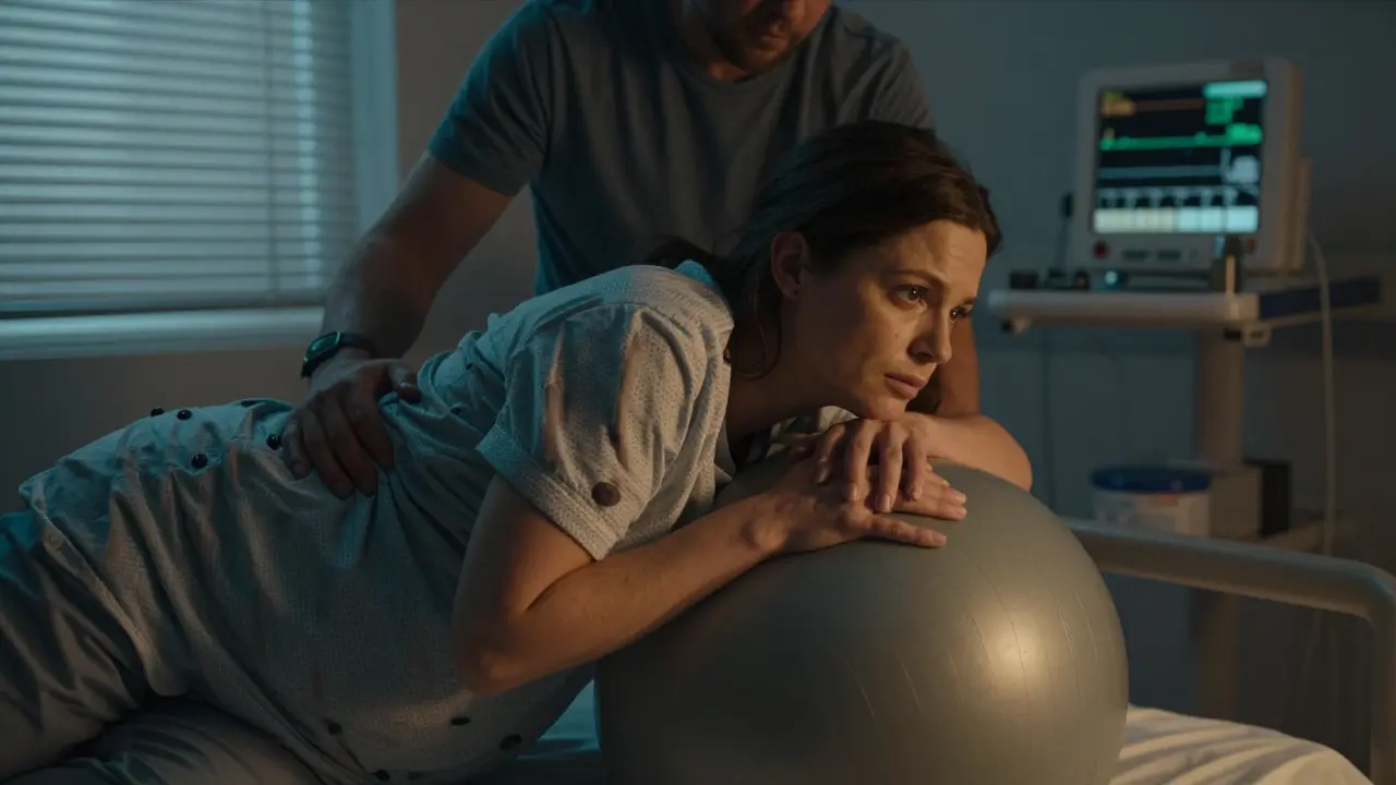 Žena v porodu se opírá o porodní míč, partner ji podporuje v nemocničním pokoji.