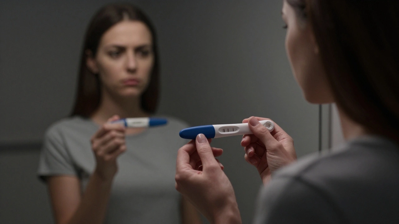 Žena v zrcadle s těhotenským testem, kde její odraz ukazuje dvě čáry, ale skutečný test má jen jednu.