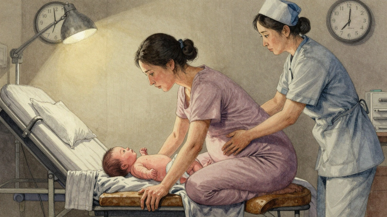 Žena ve druhém porodu se rodí na porodním stolci, s lékařkou, která ji podporuje, v tiché noční místnosti.